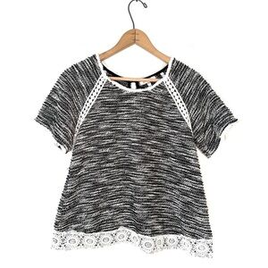 eri + ali | Black and White Tweed Lace Short Sleeve Top Size Small